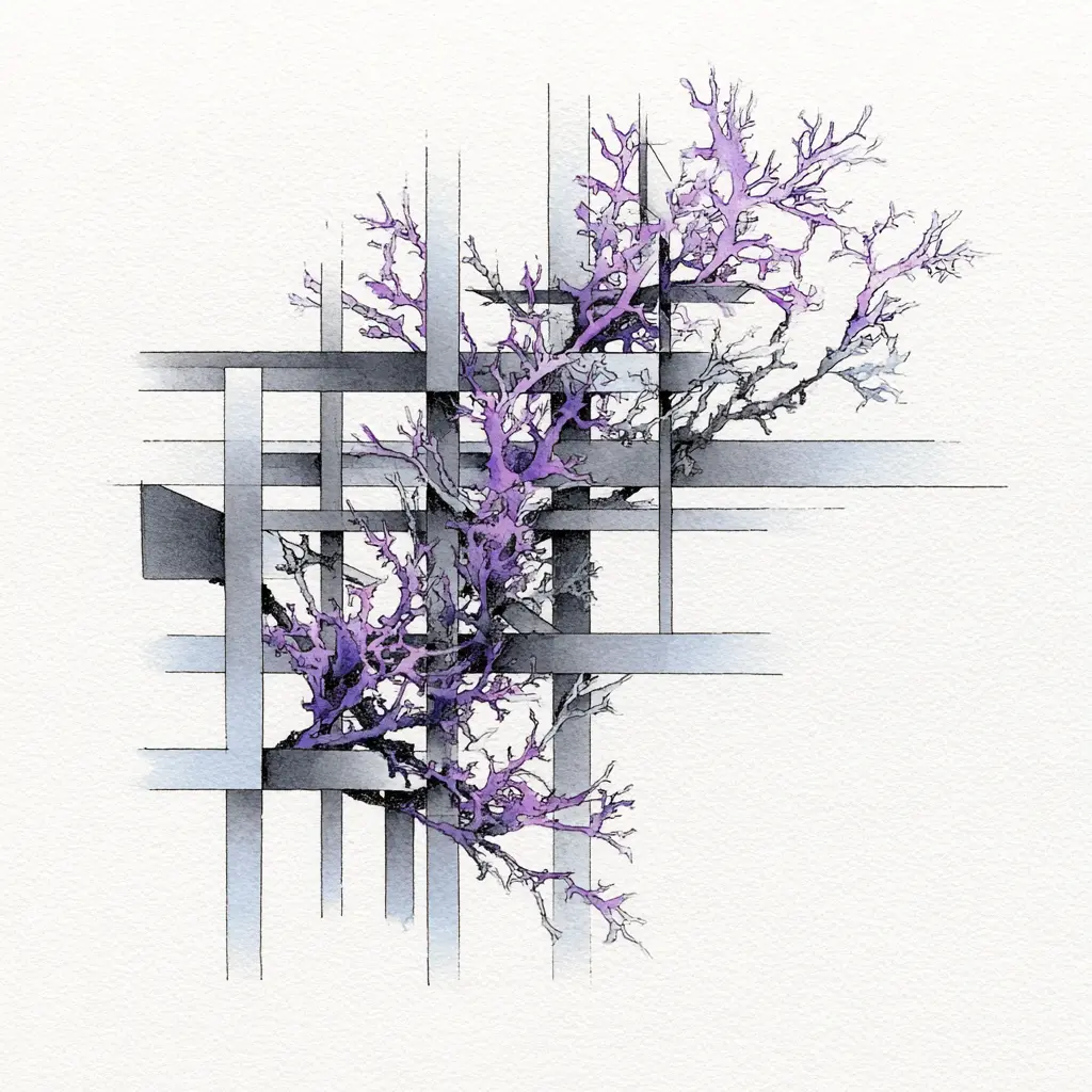 Dense architectural scaffolding with delicate flowers forcing through