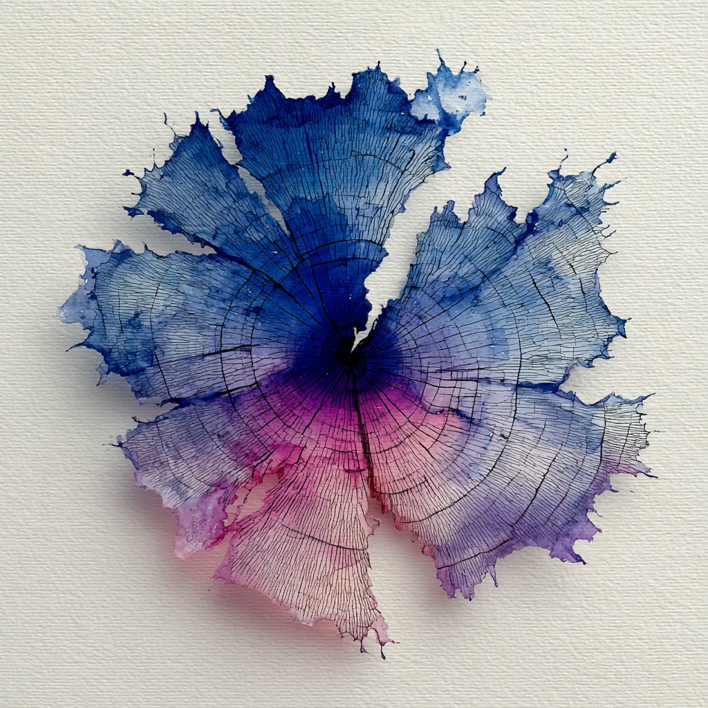 Watercolor pooling like heartwood rings with geometry radiating outward